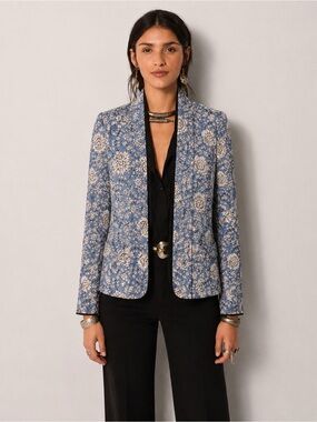 Caroll Paris Blazer Floral Open Front Jacket Blue White Size 38 medium viscos